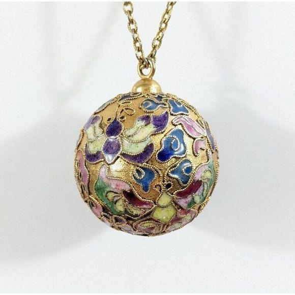 Large Globe Ball Butterfly Design Cloisonne Pendant Necklace - Picture 1 of 16